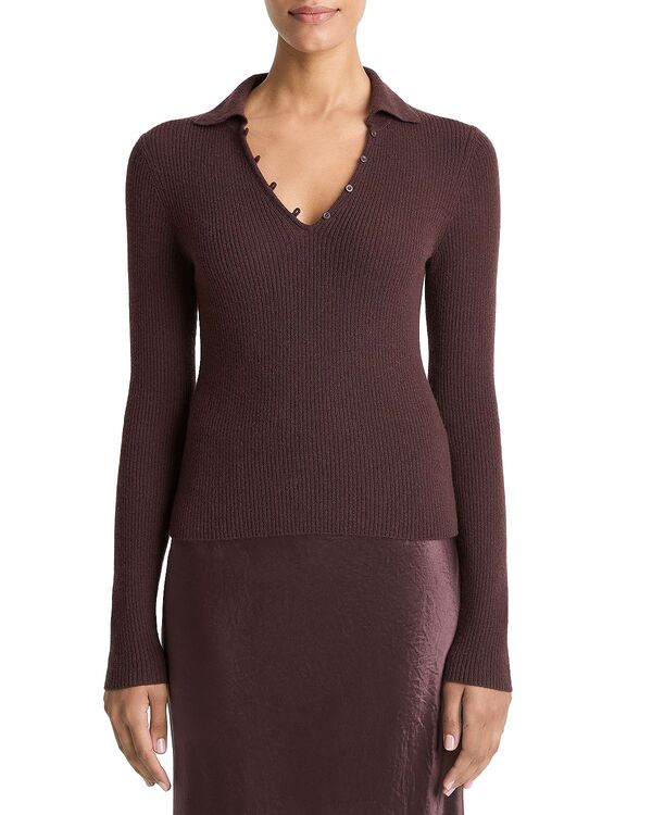 ヴィンス レディース トップス ポロシャツ リブ シルク Vince Cashmere Silk Ribbed Button Loopolo Top Fig