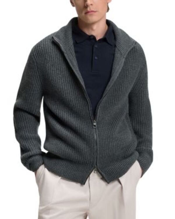 ボス メンズ アウター ニット・セーター リブ BOSS x Beckham Hilustre Ribbed Zip Front Sweater Dark Grey グレー