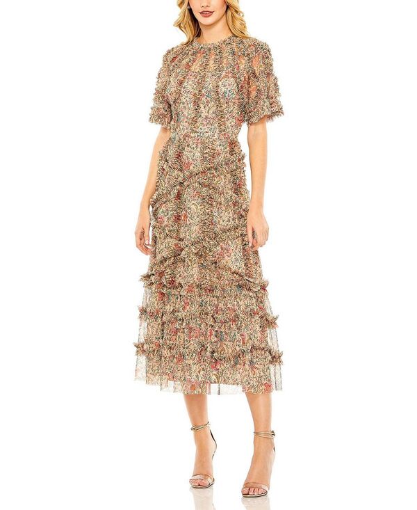 マックダガル レディース トップス ワンピース フラワー柄 プリント メッシュ フラワー Mac Duggal Women's Floral Flutter Sleeve Mesh Print Dress Beige Multi ベージュ|ReVida 店