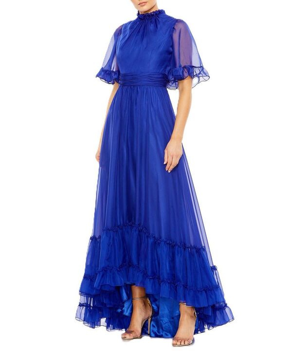 マックダガル レディース トップス ワンピース ハイネック Mac Duggal High Neck Flutter Sleeve High Low Hem Gown Sapphire サファイア|ReVida 店