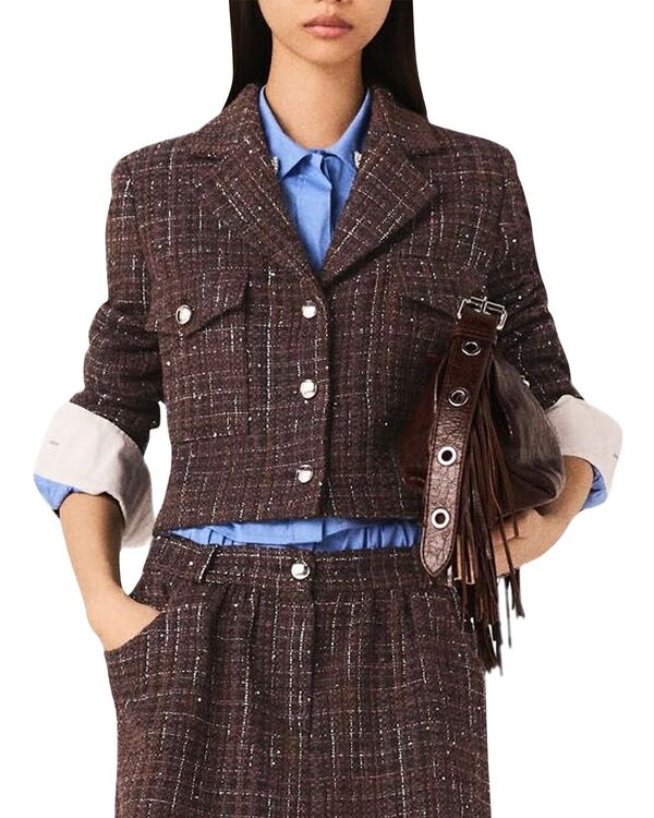 マージュ レディース アウター ジャケット・ブルゾン ツイード スパンコール Maje Sequin Tweed Crop Jacket Brown ブラウン