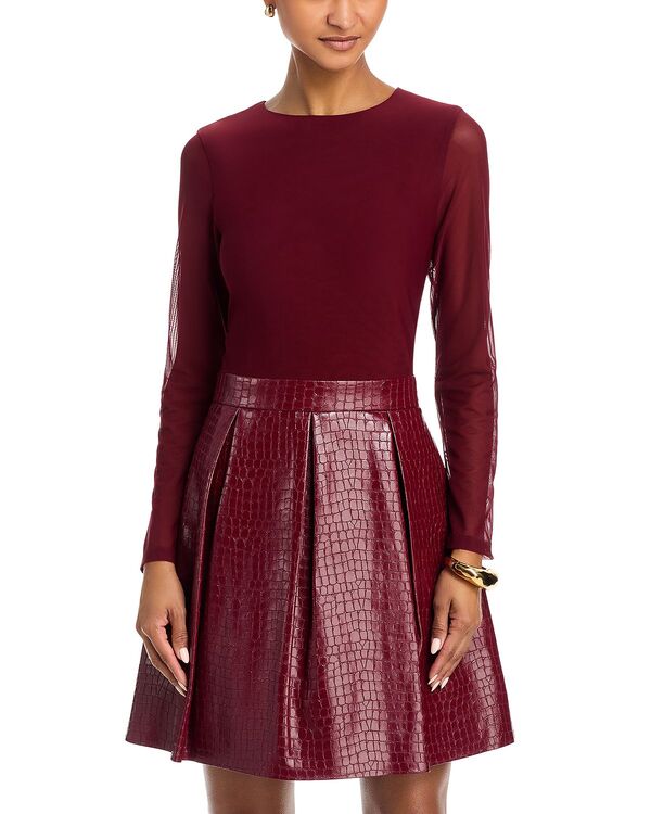 アリスアンドオリビア レディース トップス ワンピース プリーツ Alice and Olivia Chara Croc Embossed Pleatedress Oxblood オックスブラッド｜ReVida 店