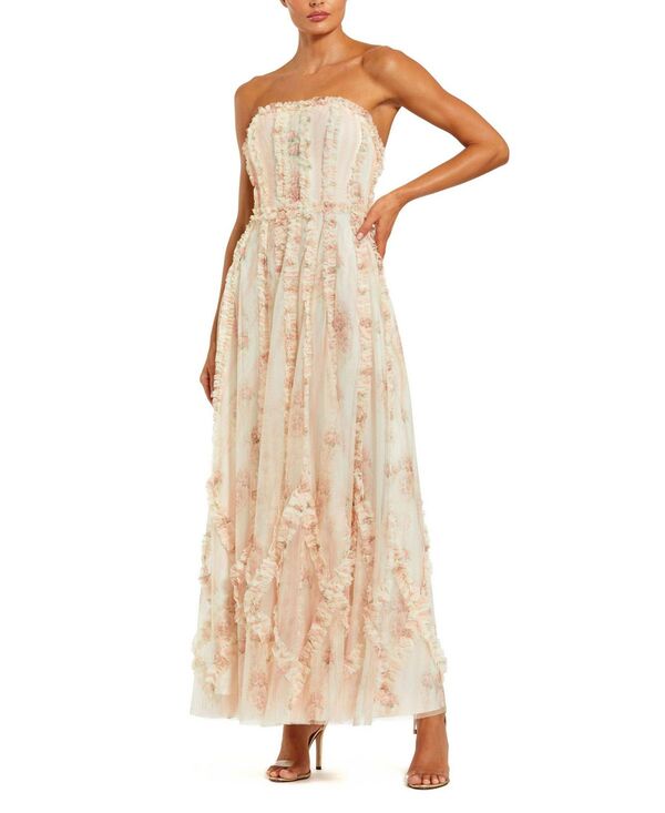 マックダガル レディース トップス ワンピース フリル メッシュ ストラップレス Mac Duggal Mesh Micro Ruffle Strapless Gown Ivory Multi アイボリー|ReVida 店