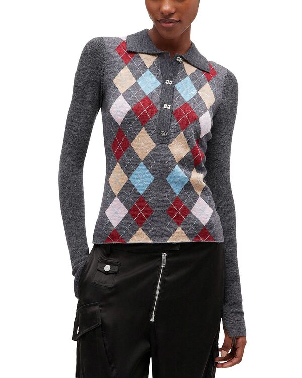 ガニー レディース トップス ポロシャツ ウール ニット GANNI Fine Merino Wool Jacquard Knitted Polo Shirt Paloma｜ReVida 店
