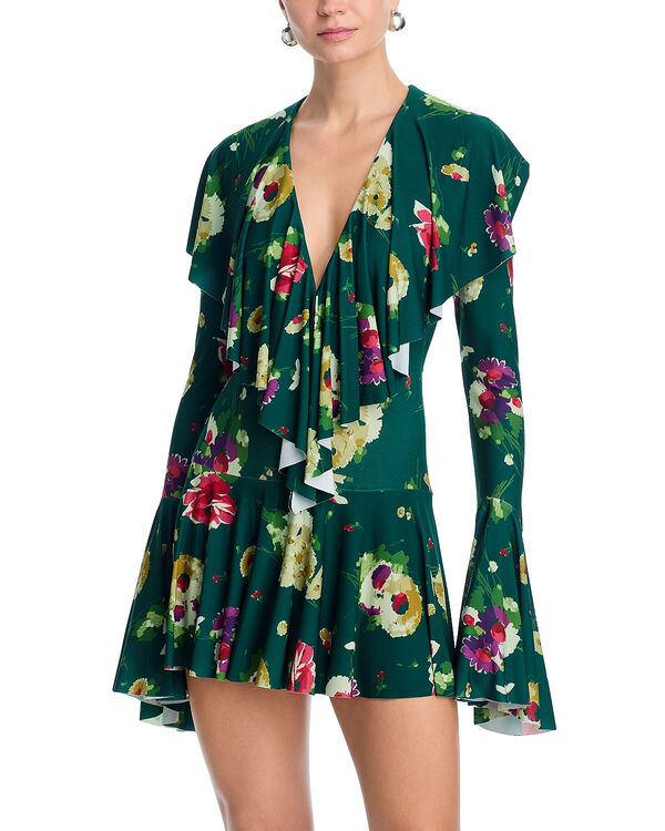 ノーマカマリ レディース トップス ワンピース フリル ミニ Norma Kamali Deep V Ruffle Mini Dress Floral Green グリーン