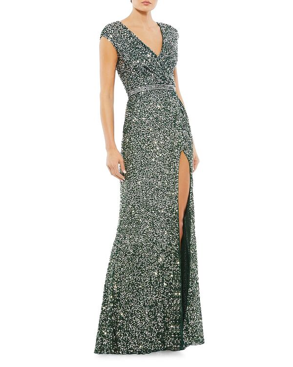 マックダガル レディース アンダー御召しもの ナイト爵御召しもの スパンコール 旗がしら Mac Duggal Cap Sleeve Sequin Gown Forest Green 緑であること