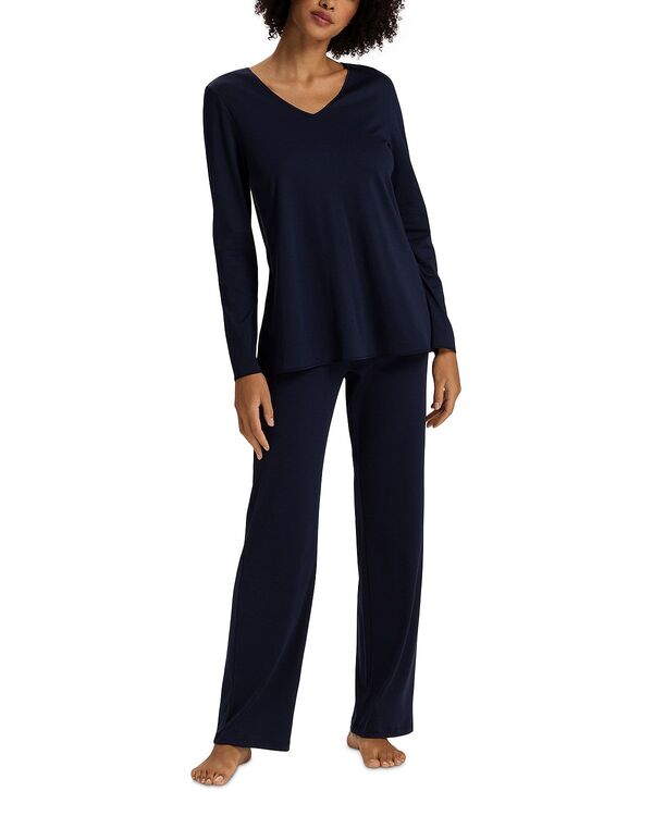 ハンロ レディース アウター パーカー・スウェット Vのど首 絹地 綿織物 Hanro Cotton Silk V Neck Long Sleeve Pajama Set Deep Navy 米国海軍
