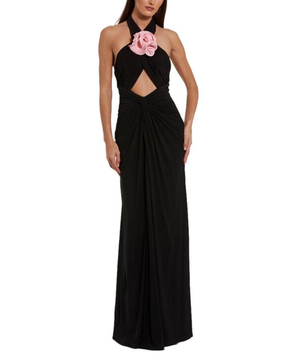 マックダガル レディース トップス ワンピース ジャージー ホルター Mac Duggal Jersey Crossover Halter Neck Gown with 3D Flower Black Pink ブラック