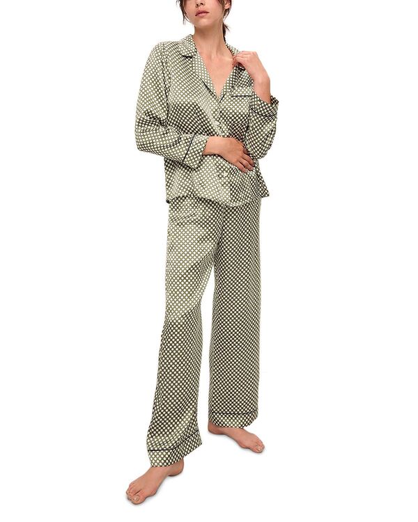 エバージェイ レディース アウター パーカー・スウェット プリント シルク Eberjey Inez Printed Washable Silk Long Pajama Set Geo Sphere Moss/Navy ネイビー|ReVida 店