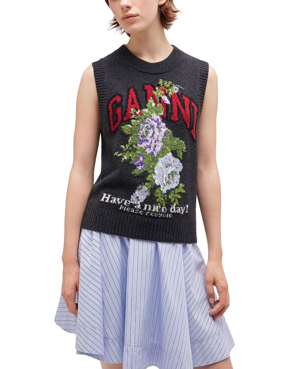 ガニー レディース アウター ベスト ウール グラフィック GANNI Graphic Rose Wool Blend Vest Phantom