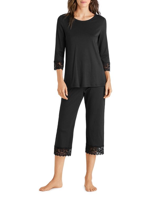 ハンロ レディース アンダー御召しもの ナイト爵御召しもの クロップド Hanro Moments Cropped Pajama Set Black 黒いこと