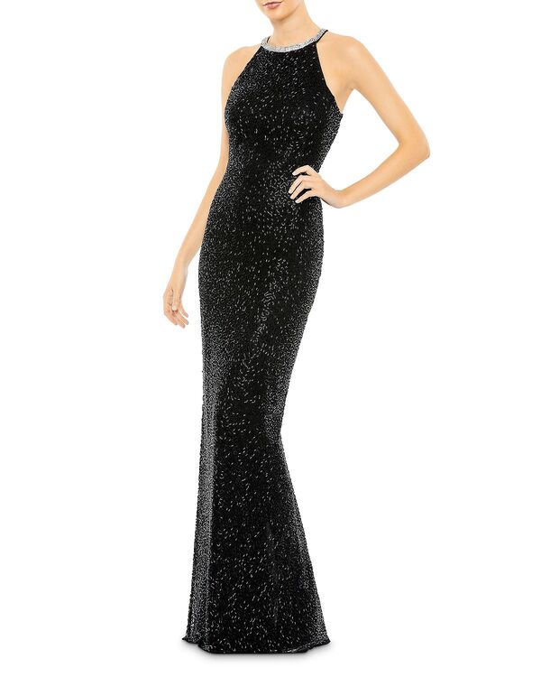 マックダガル レディース アンダー御召しもの ナイト爵御召しもの スパンコール ホルター Mac Duggal Halter Neck Sequin Gown Black 黒いこと