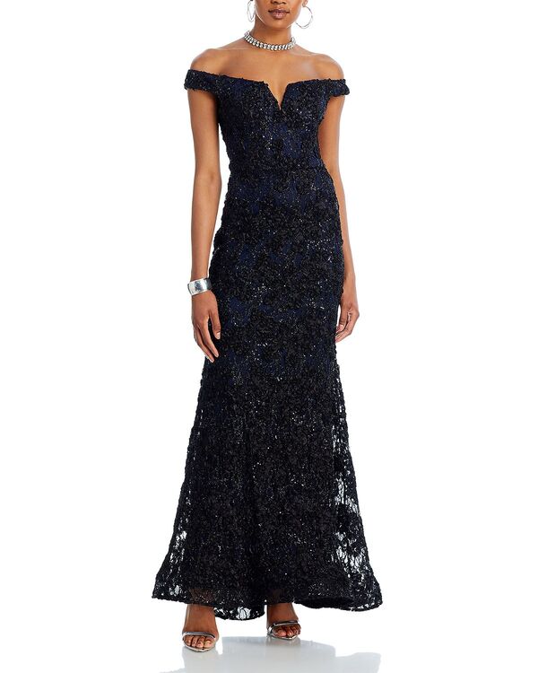アクア レディース アンダーお召しもの ナイト爵お召しもの スピード競技 AQUA Off-the-Shoulder Embellished Lace Gown - Exclusive Black/Navy 黒いこと