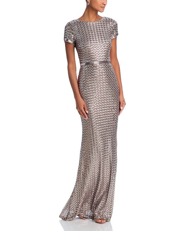 アクア レディース アンダーお召しもの ナイト爵お召しもの スパンコール AQUA Belted Sequin Gown - Exclusive Silver/Taupe トープ