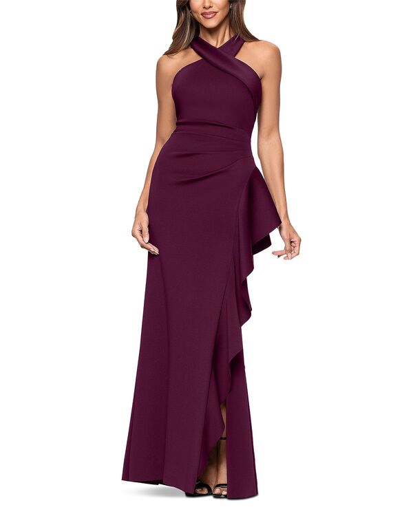 アクア レディース トップス ワンピース フリル スキューバ ホルター AQUA Scuba Ruffle Halter Gown - Exclusive Wine ワイン