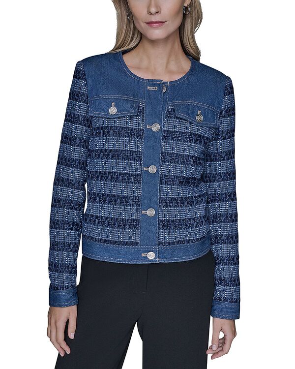長い巻き毛 ラガーフェルド レディース アウター 上衣・上衣 ツィード ジーンズ KARLAGERFELD PARIS Tweedenim Jacket Blue Aura 青み