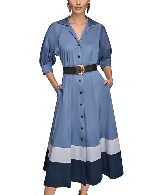 ダナキャラン レディース トップス シャツ カラーブロック Donna Karan Colorblocked Belted Shirtdress Tempest/ Dusk|ReVida 店