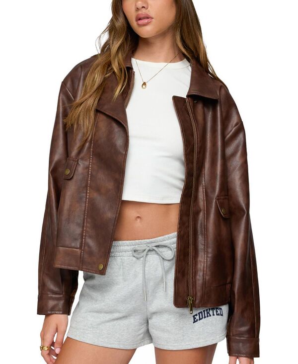 アディクテッド レディース アウター 上衣・上衣 なめし革 フェイクレザー Edikted Ardella Oversized Faux Leather Jacket Brown 赤銅色
