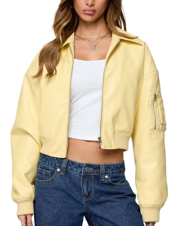 アディクテッド レディース アウター 上衣・上衣 クロップド なめし革 フェイクレザー Edikted Zayna Cropped Faux Leather Bomber Jacket Yellow 黄色