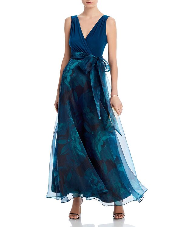 エリザジェイ レディース トップス ワンピース シフォン フラワー柄 ノースリーブ フラワー Eliza J Sleeveless Tie Waist Floral Chiffon Ball Gown Teal ティール