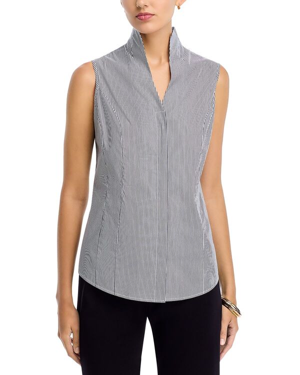 ミソック レディース トップス タンクトップ Misook Pinstripe Mandarin Collar Tank Black/White ホワイト