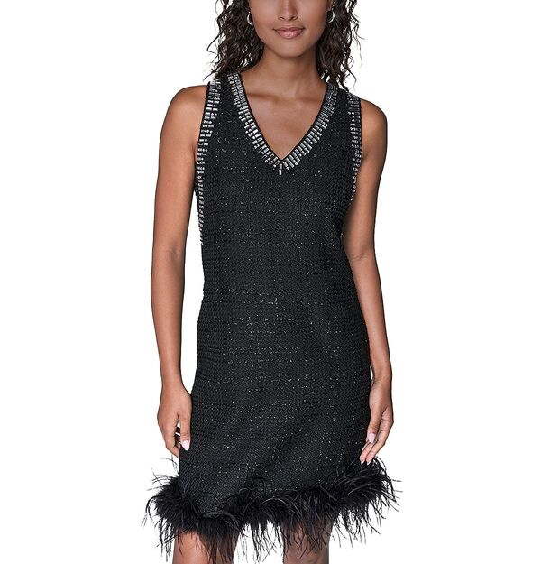 カール ラガーフェルド レディース トップス ワンピース KARLAGERFELD PARIS Feather Trim Shift Dress Black ブラック