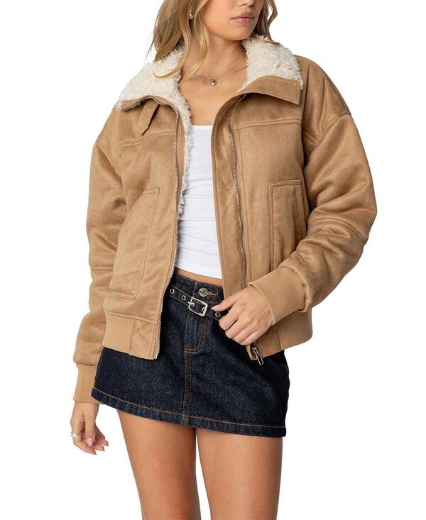 アディクテッド レディース アウター ジャケット・ブルゾン スエード Edikted Faux Suede Shearling Bomber Jacketan タン