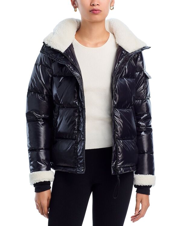アクア レディース アウター ジャケット・ブルゾン AQUA Gloss Puffer Jacket with Sherpa Trim - Exclusive Jet/White ホワイト