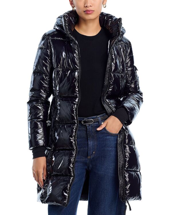 アクア レディース アウター コート AQUA High Shine Long Puffer Coat withood - Exclusive Onyx
