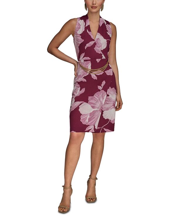 ダナキャラン レディース トップス 衣装 お花柄 刷り上げる お花 Donna Karan Floral Print Chain Belt Dress Prune レディースファッション-ワンピース