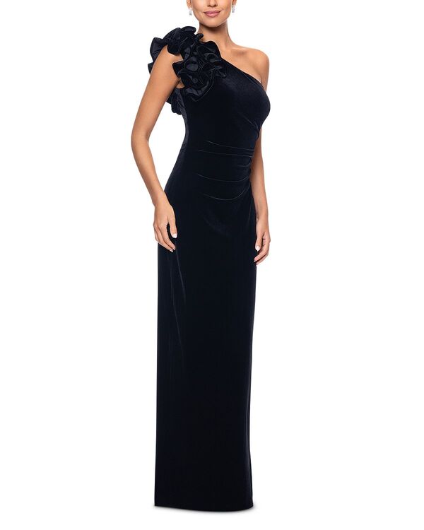 アクア レディース トップス ワンピース フリル ベルベット AQUA Velvet Ruffle One Shoulder Gown - Exclusive Black ブラック