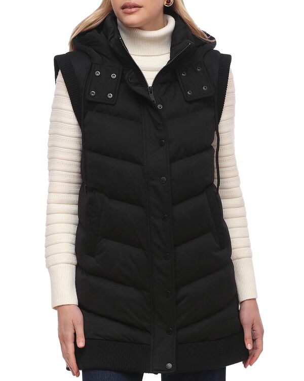 バガテル レディース アウター 限りない Bagatelle Long Hooded Puffer Vest Black 黒いこと コート・ジャケット-レディースファッション