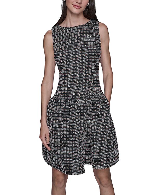 カール ラガーフェルド レディース トップス ワンピース ミニ KARLAGERFELD PARIS Mini Grid Nubby Dress Black/ Soft White ホワイト｜ReVida 店