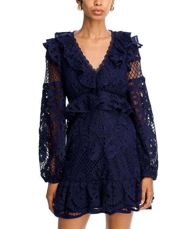 アクア レディース トップス ワンピース Vネック フリル ミニ レース AQUA Lace V Neck Long Sleeve Ruffle Mini Dress - Exclusive Navy ネイビー