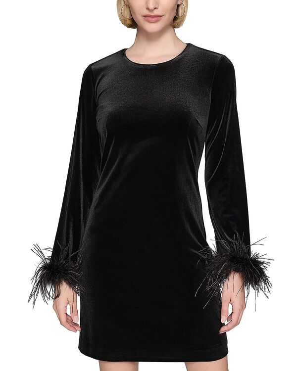 カール ラガーフェルド レディース トップス ワンピース ベルベット KARLAGERFELD PARIS Feather Trim Stretch Velvet Dress Black ブラック