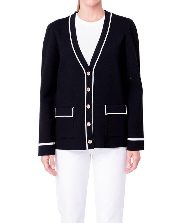 イングリッシュファクトリー レディース アウター ジレー 対照 編み物 English Factory Women\u0027s Knit Contrast Cardigan Black/White 白いこと