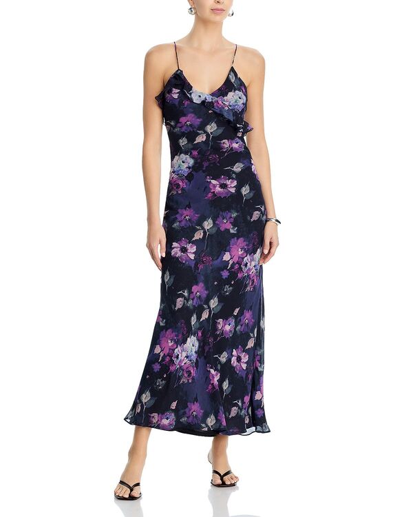 アクア レディース トップス ワンピース フラワー柄 フリル マキシ フラワー AQUA Watercolor Floral Ruffle Maxi Slip Dress - Exclusive Black/Purple ブラック|ReVida 店