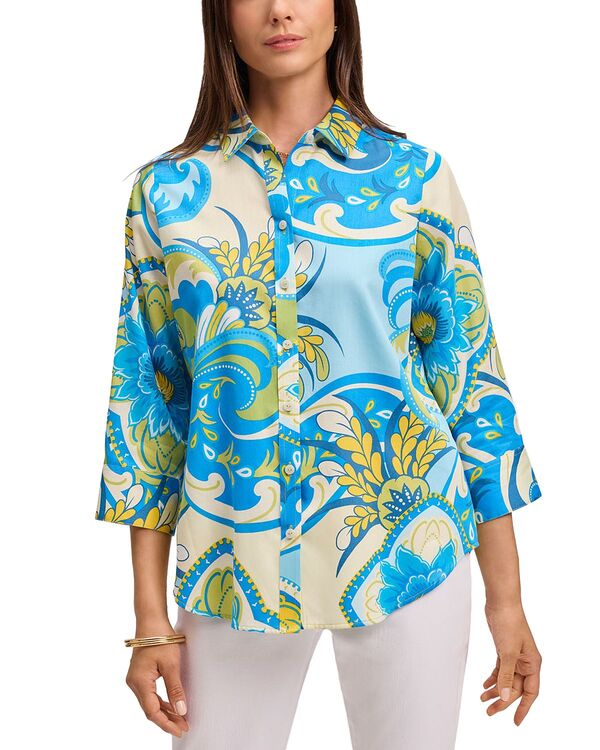 フォックスクラフト レディース トップス シャツ Foxcroft Margie 3/4 Sleeved Tropical Jacobean Shirt Blue/green ブルー
