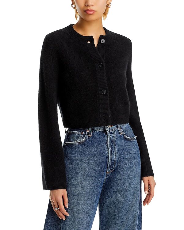 アクア レディース アウター ジレー クルーネックロップド AQUA 100% Cashmere Cropped Wide Sleeve Crewneck Cardigan - Exclusive Black 黒いこと