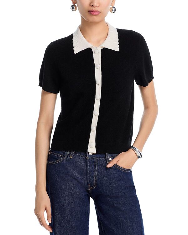 アクア レディース アウター カーディガン カラーブロック AQUA 100% Cashmere Short Sleeve Colorblock Cardigan - Exclusive Black/Ivory アイボリー