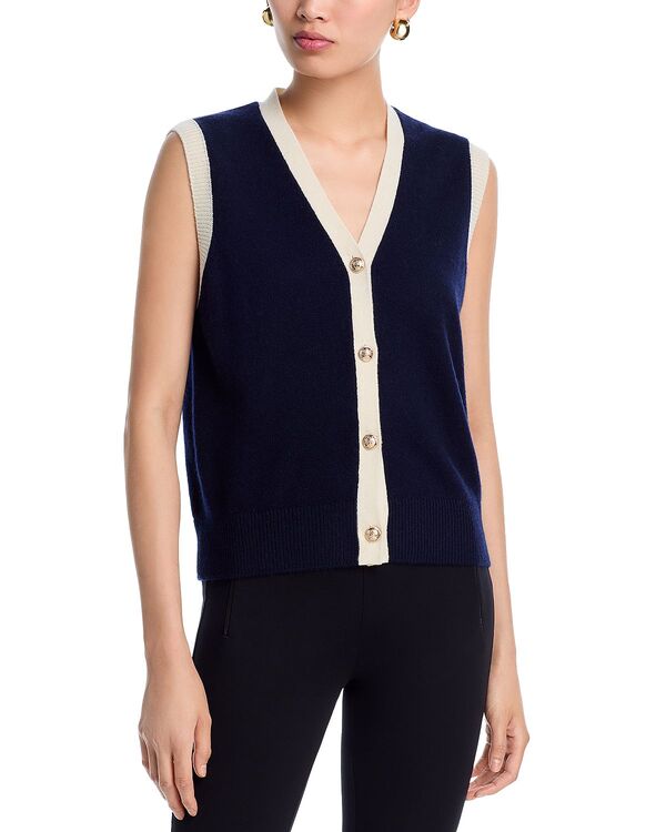 アクア レディース アウター ニット・セーター Vネック ベスト AQUA 100% Cashmere V Neck Sweater Vest - Exclusive Peacoat/Ivory アイボリー 13,831円