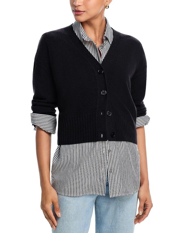 アクア レディース アウター ジレー V素っ首 AQUA 100% Cashmere V Neck Cardigan - Exclusive Black 黒いこと