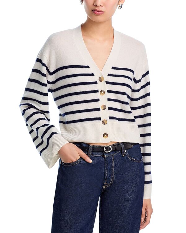 アクア レディース アウター カーディガン Vネック セーター AQUA 100% Cashmere V Neck Cardigan Sweater - Exclusive Ivory/Peacock Stripe アイボリー｜ReVida 店