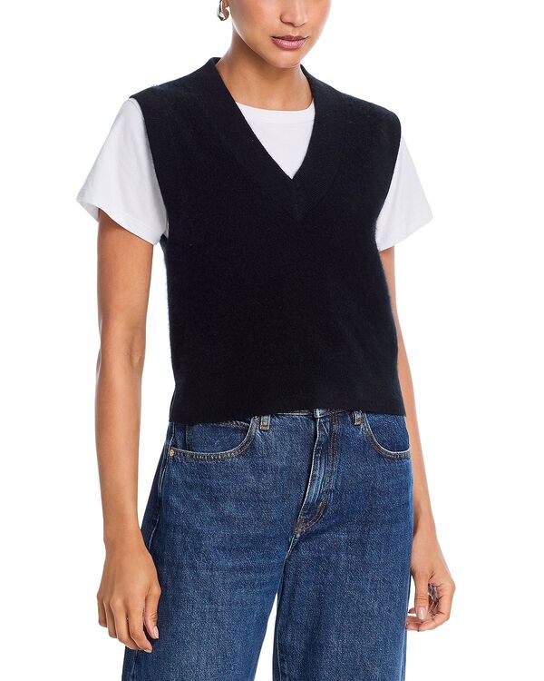 アクア レディース アウター ニット・セーター Vネック ベスト AQUA 100% Cashmere Super Brushed V Neck Sweater Vest - Exclusive Black ブラック