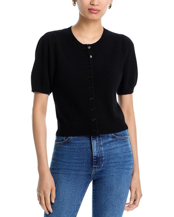 アクア レディース アウター カーディガン AQUA 100% Cashmere Short Puff Sleeve Cardigan - Exclusive Black ブラック｜ReVida 店