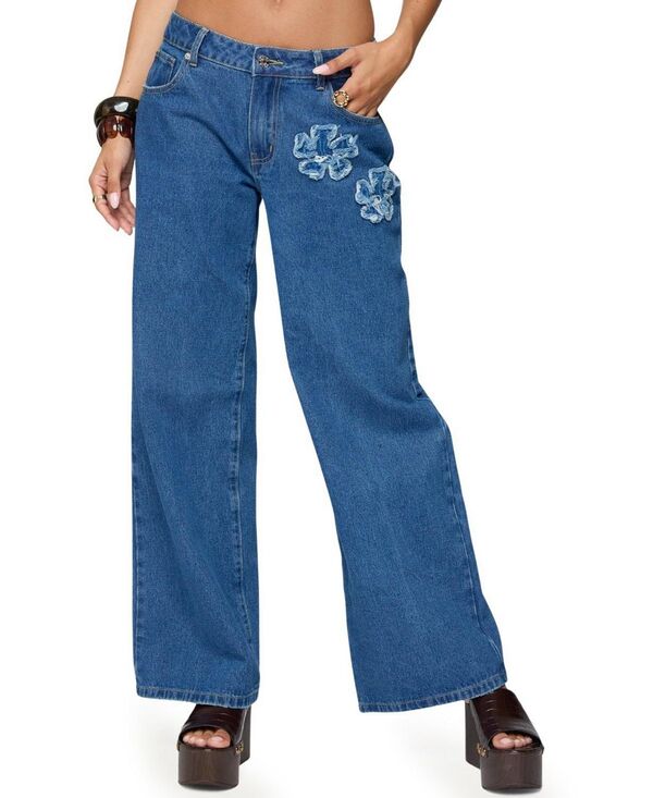 アディクテッド レディース ボトムス デニムパンツ ローライズ ジーンズ Edikted Flower Patch Low Rise Jeans in Medium Rinse Wash Blue ブルー｜ReVida 店
