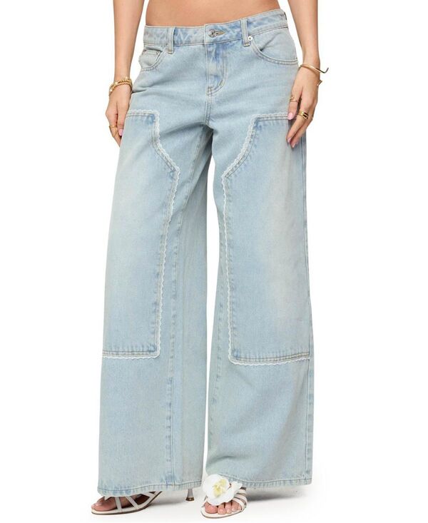 アディクテッド レディース ボトムス デニムパンツ ローライズ Tシャツ レース ジーンズ Edikted Teelacey Low Rise Carpenter Jeans Wash Light Blue ブルー｜ReVida 店