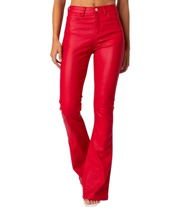 アディクテッド レディース ボトムス デニムパンツ レザー ジーンズ フェイクレザー Edikted Luna Faux Leather Flare Jeans Red レッド