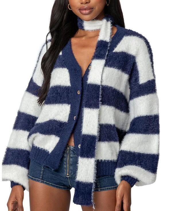 アディクテッド レディース アウター ジレー 編み物 Edikted Striped Two Piece Knit Scarf Cardiganavy 米国海軍