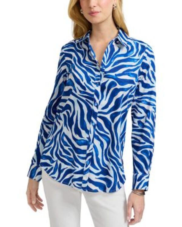 フォックスクラフト レディース トップス シャツ Foxcroft Zoey Long Sleeved Tonal Zebra Shirt Blue/white ホワイト
